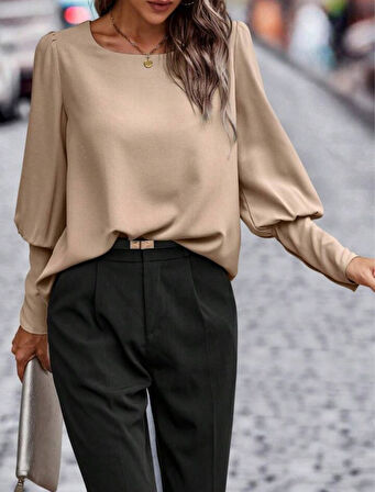 TUA MODA Kadın Uzun Kollu Yuvarlak Yakalı Düğmeli Ithal Krep Bluz