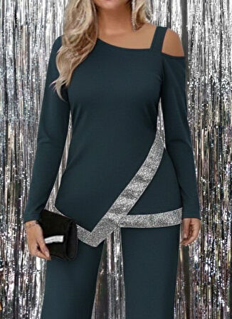 TUA MODA Kadın Tek Omuzdan Açık Uzun Kollu önü Pulpayet Ithal Krep Bluz Ve Pantolon