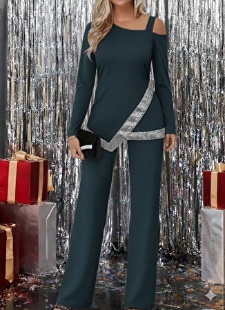 TUA MODA Kadın Tek Omuzdan Açık Uzun Kollu önü Pulpayet Ithal Krep Bluz Ve Pantolon