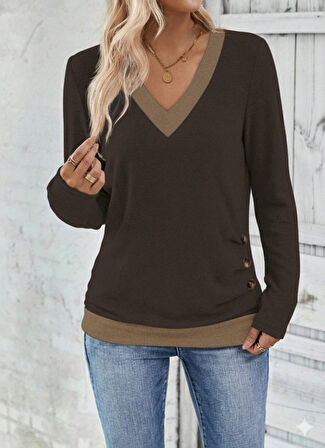 TUA MODA Kadın Uzun Kollu V Yakalı Yandan Düğmeli Yün Viskon Bluz