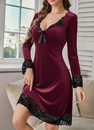 TUA MODA Kadın Uzun Kollu V Dantel Yakalı Mini Kadife Elbise