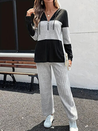 TUA MODA Kadın Uzun Kollu Kapşonlu önden Fermuarlı şardonlu Kaşkorse Bluz Ve Pantolon