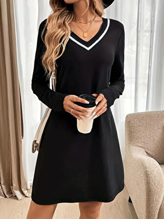 TUA MODA Kadın Uzun Kollu V şerit Yakalı Kısa Viskon Iki Iplik Elbise