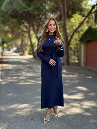 TUA MODA Kadın Uzun Kollu Bisiklet Yaka Yandan Bağlamalı Uzun Modal Elbise