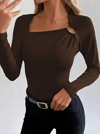 TUA MODA Kadın Uzun Kollu Yakadan Halka Detaylı Viskon Bluz