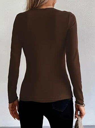 TUA MODA Kadın Uzun Kollu Yakadan Halka Detaylı Viskon Bluz