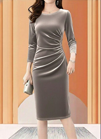 TUA MODA Kadın Uzun Kollu Bot Yaka Yanı Taş Detaylı Midi Kadife Elbise