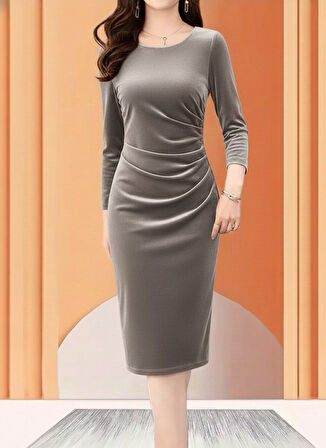 TUA MODA Kadın Uzun Kollu Bot Yaka Yanı Taş Detaylı Midi Kadife Elbise