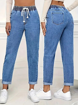 TUA MODA Kadın Yüksek Bel Bağcıklı Kot Pantolon