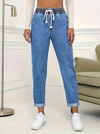 TUA MODA Kadın Yüksek Bel Bağcıklı Kot Pantolon