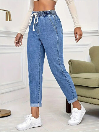 TUA MODA Kadın Yüksek Bel Bağcıklı Kot Pantolon