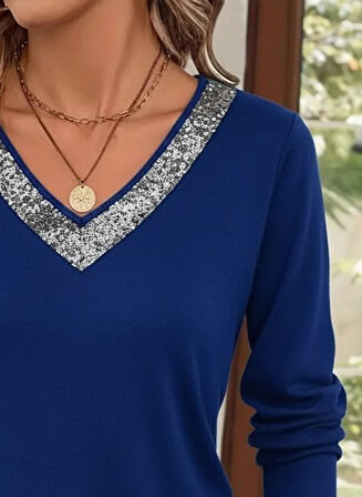 TUA MODA Kadın Uzun Kollu V Payet Yakalı Viskon Bluz