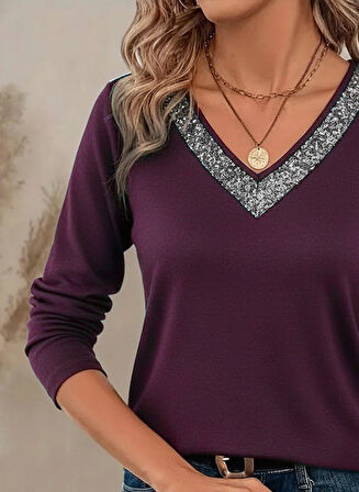 TUA MODA Kadın Uzun Kollu V Payet Yakalı Viskon Mürdüm Bluz