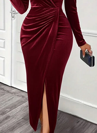 TUA MODA Kadın Uzun Kollu Kruvaze Yaka önünden çapraz Detaylı Uzun Kadife Elbise