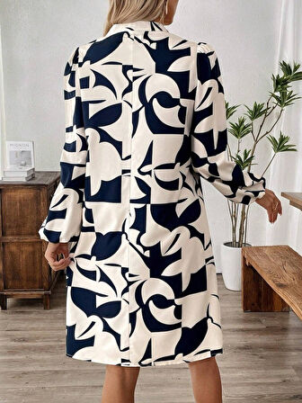 TUA MODA Kadın Uzun Kollu V Yakalı Desenli Modal Mini Elbise