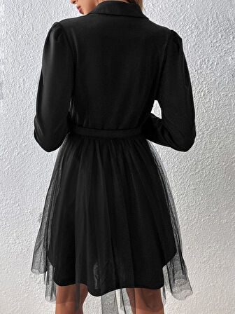 TUA MODA Kadın Uzun Kollu Yakalı Belinde Kemer Detaylı Mini Tüllü Ithal Krep Elbise