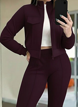 TUA MODA Kadın Uzun Kollu önden Fermuarlı Kısa Modal Mor Ceket Ve Pantolon Ikili Takım