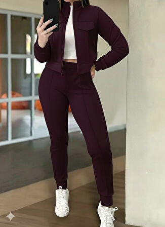 TUA MODA Kadın Uzun Kollu önden Fermuarlı Kısa Modal Mor Ceket Ve Pantolon Ikili Takım