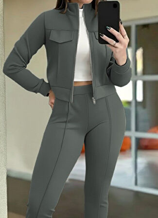 TUA MODA Kadın Uzun Kollu önden Fermuarlı Kısa Modal Ceket Ve Pantolon Ikili Takım