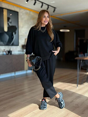 TUA MODA Kadın Uzun Kollu Bisiklet Yaka Viskon Iki Iplik Bluz Ve Pantolon Ikili Takım