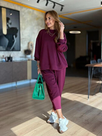 TUA MODA Kadın Uzun Kollu Bisiklet Yaka Viskon Iki Iplik Mor Bluz Ve Pantolon Ikili Takım