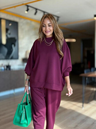 TUA MODA Kadın Uzun Kollu Bisiklet Yaka Viskon Iki Iplik Mor Bluz Ve Pantolon Ikili Takım