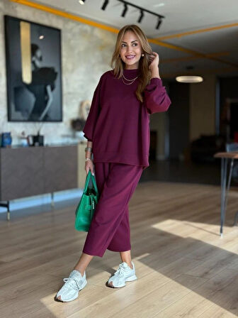 TUA MODA Kadın Uzun Kollu Bisiklet Yaka Viskon Iki Iplik Mor Bluz Ve Pantolon Ikili Takım