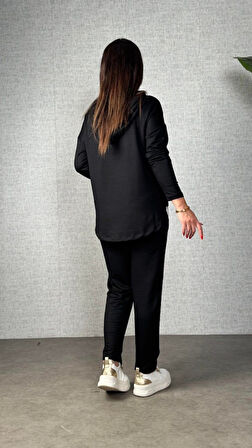 TUA MODA Kadın Uzun Kollu Kapşonlu Bağcıklı Viskon Iki Iplik Bluz Ve Pantolon Ikili Takım