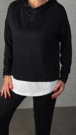 TUA MODA Kadın Uzun Kollu Kapşonlu Bağcıklı Viskon Iki Iplik Bluz Ve Pantolon Ikili Takım