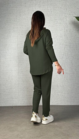 TUA MODA Kadın Uzun Kollu Kapşonlu Bağcıklı Viskon Iki Iplik Bluz Ve Pantolon Ikili Takım