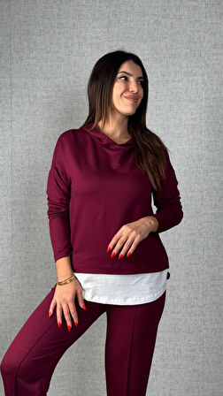 TUA MODA Kadın Uzun Kollu Kapşonlu Bağcıklı Viskon Iki Iplik Bluz Ve Pantolon Ikili Takım