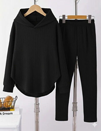 TUA MODA Kadın Uzun Kollu Kapşonlu Meloni Bluz Ve Pantolon Ikili Takım