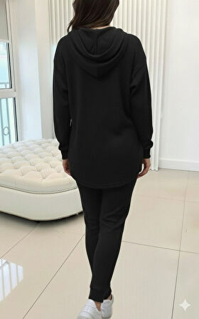 TUA MODA Kadın Uzun Kollu Kapşonlu Meloni Bluz Ve Pantolon Ikili Takım