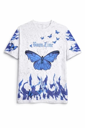 TUA MODA Asit Yıkamalı Oversize Tişört Mavi Kelebek Baskılı Dijital Print Bisiklet Yaka Streetwear T