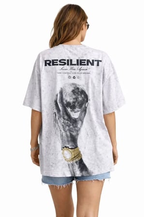 TUA MODA Asit Yıkamalı Oversize Tişört ön Ve Arkası Baskılı %100 Pamuk Street Style T-Shirt - Beyaz
