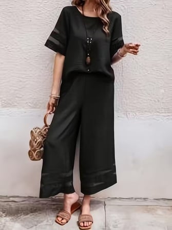 TUA MODA Kadın Kısa Kollu Bisiklet Yakalı Tül şerit Detaylı Bluz Ve Pantolon Ikili Takım