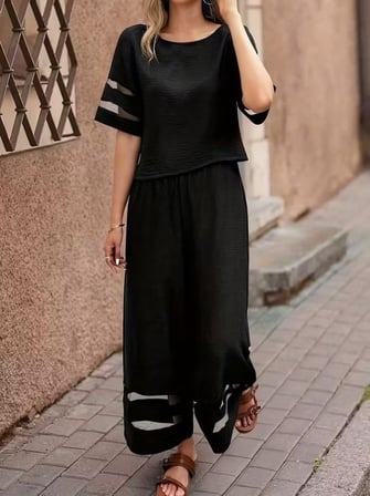 TUA MODA Kadın Kısa Kollu Bisiklet Yakalı Tül şerit Detaylı Bluz Ve Pantolon Ikili Takım