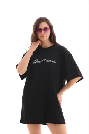 TUA MODA Baskılı T-Shirt Kısa Kol Bisiklet Yaka Regular Rahat Kalıp Günlük Tişört - Siyah
