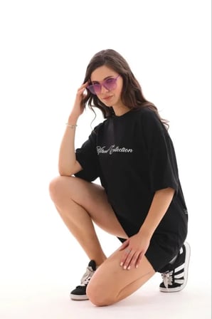 TUA MODA Baskılı T-Shirt Kısa Kol Bisiklet Yaka Regular Rahat Kalıp Günlük Tişört - Siyah