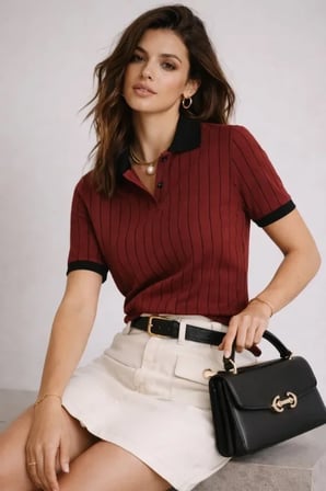 TUA MODA Polo Yaka Çizgili Tişört Kısa Kol Düğmeli Yazlık T-Shirt - Bordo