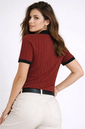 TUA MODA Polo Yaka Çizgili Tişört Kısa Kol Düğmeli Yazlık T-Shirt - Bordo