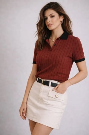 TUA MODA Polo Yaka Çizgili Tişört Kısa Kol Düğmeli Yazlık T-Shirt - Bordo