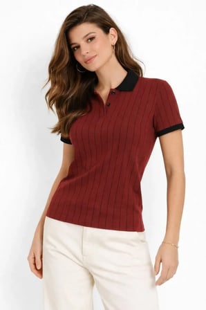 TUA MODA Polo Yaka Çizgili Tişört Kısa Kol Düğmeli Yazlık T-Shirt - Bordo