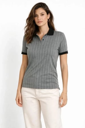 TUA MODA Polo Yaka Çizgili Tişört Kısa Kol Düğmeli Yazlık T-Shirt - Gri