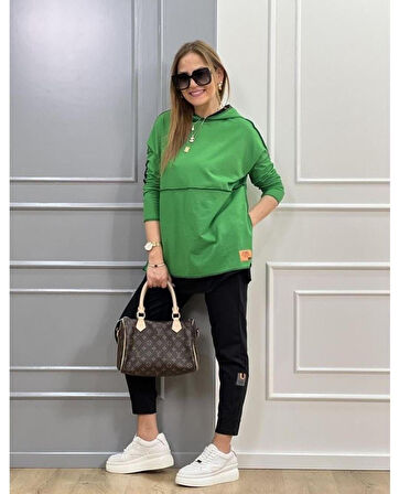 TUA MODA Kadın Yeşil Kapşonlu Etek Ucu Detay Arma Ters Dikiş Gorunumlu Ikili Takım