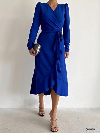 TUA MODA Krep Kumaş Midi Boy Kuşaklı Uzunkol Elbise