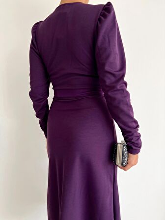TUA MODA Krep Kumaş Midi Boy Kuşaklı Uzunkol Elbise
