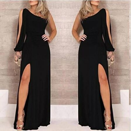 TUA MODA Tek Omuz Açık Derin Yırtmaçlı Krep Tam Boy Elbise