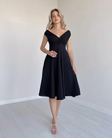 TUA MODA Kadın Kısa Kollu Kruvaze Yaka Eteği Volanlı Krep Elbise