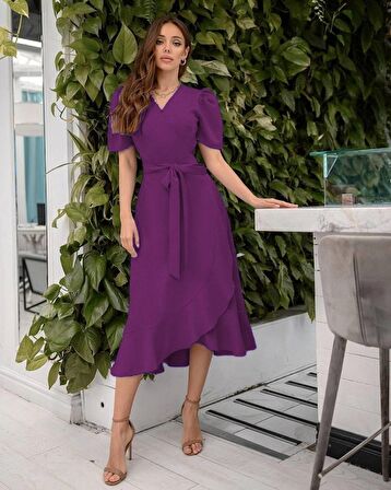 TUA MODA Kadın Kruvaze Yaka Midi Boy Kuşaklı Krep Elbise 120 Cm